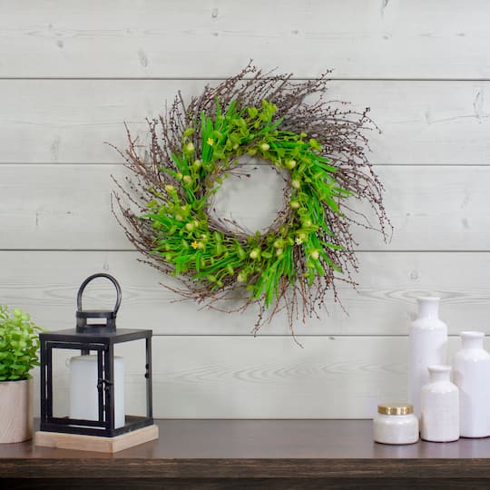 20" Green & Yellow Flower Buds, Leaves & Twigs Wreath